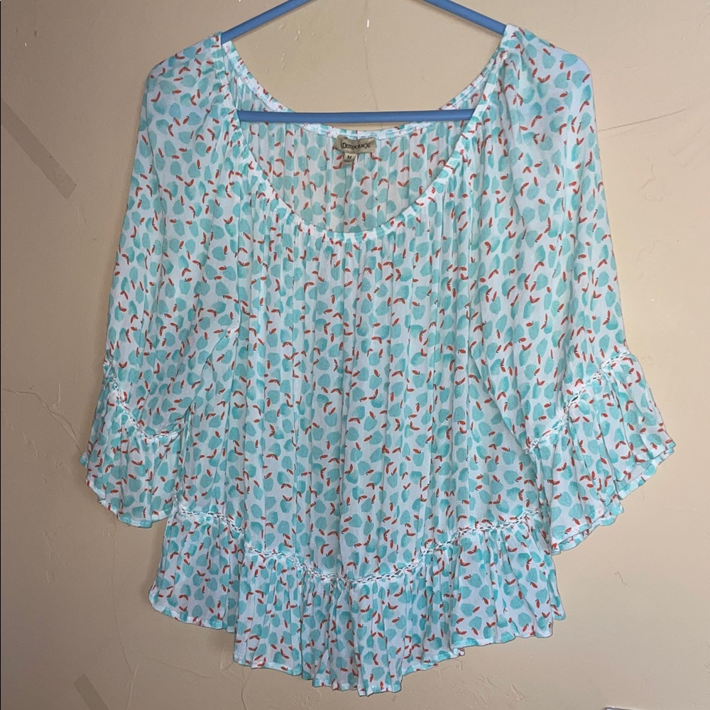 Democracy Aqua Printed Ruffle-Hem Blouse